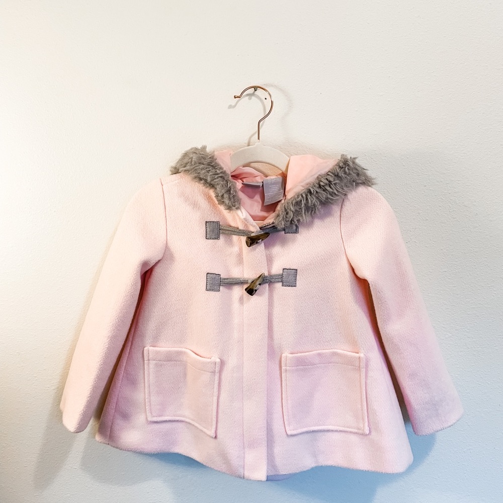 Tahari Faux Fur Soft Pink Hooded Pea Coat- EUC